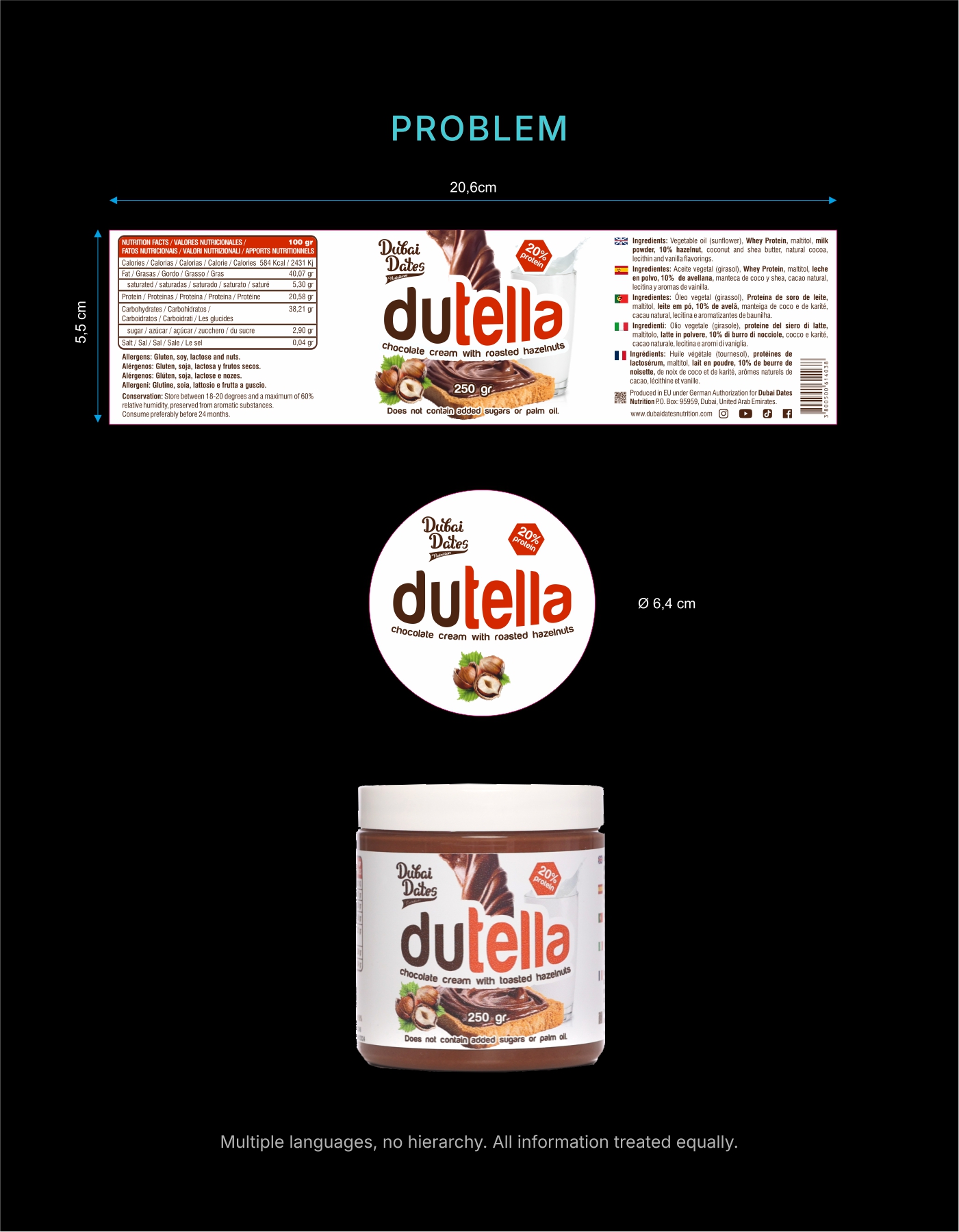 Earlier Dubai Dates Dutella packaging showing an unclear information hierarchy.