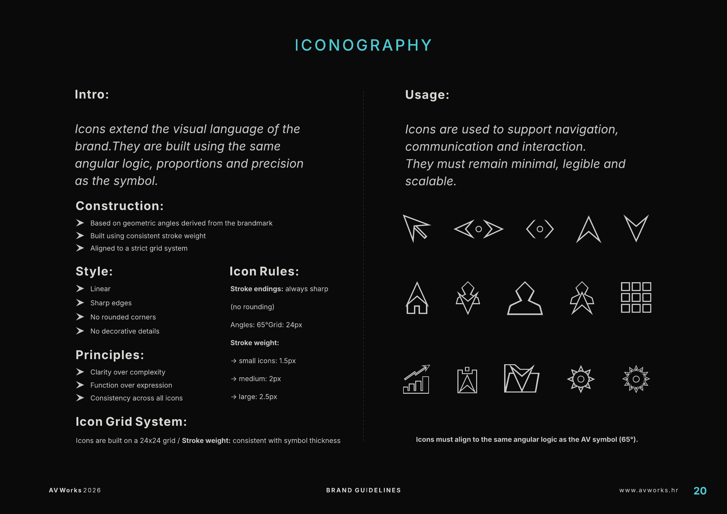 AV WORKS iconography system based on angular geometry and consistent stroke rules.
