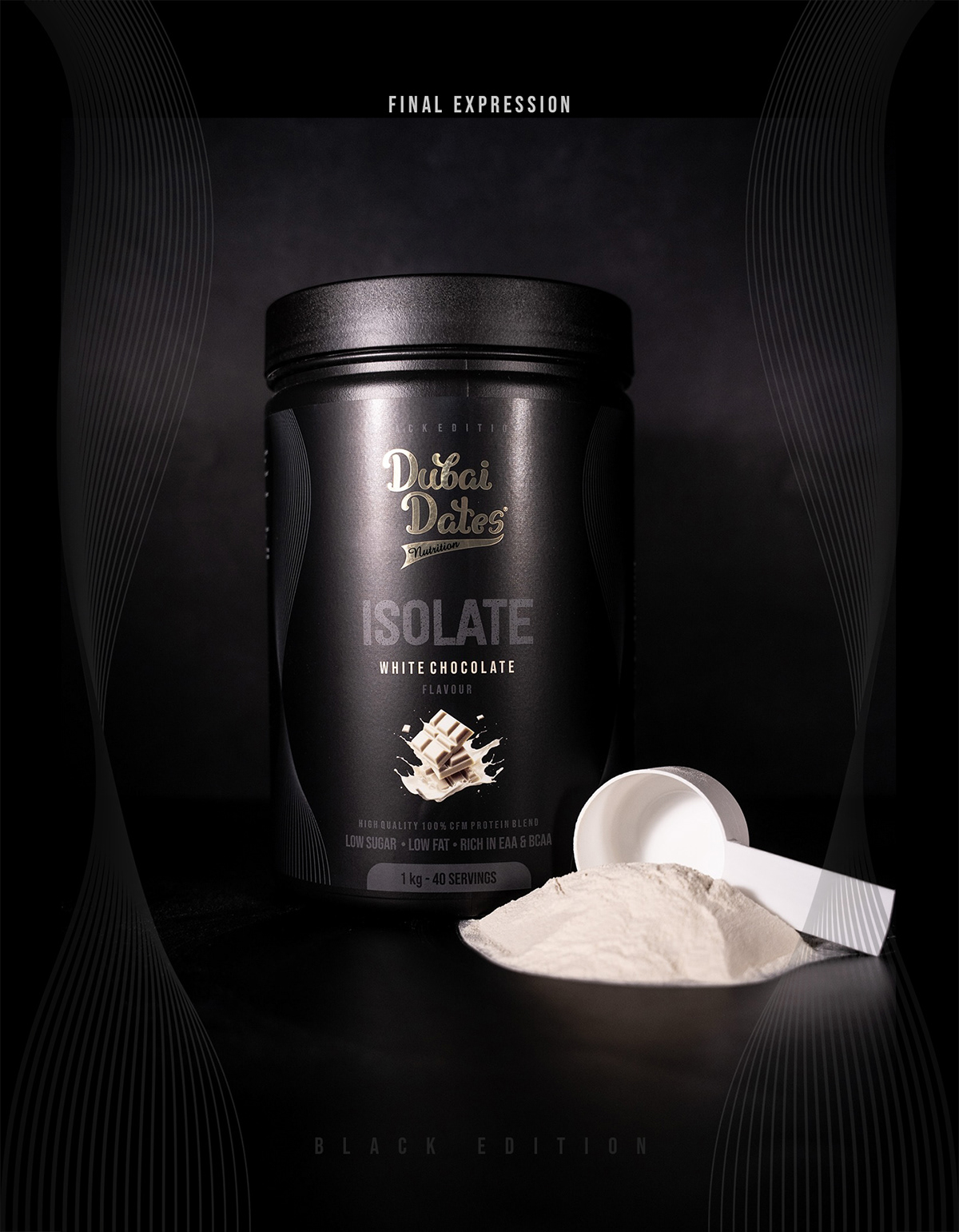 Final Dubai Dates packaging expression on a dark base