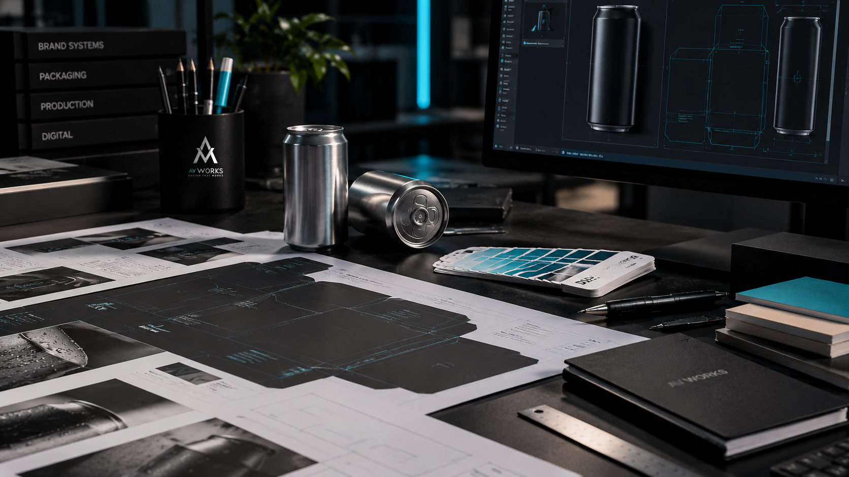 AV WORKS studio desk with packaging dielines, can prototypes, colour swatches and artwork on screen