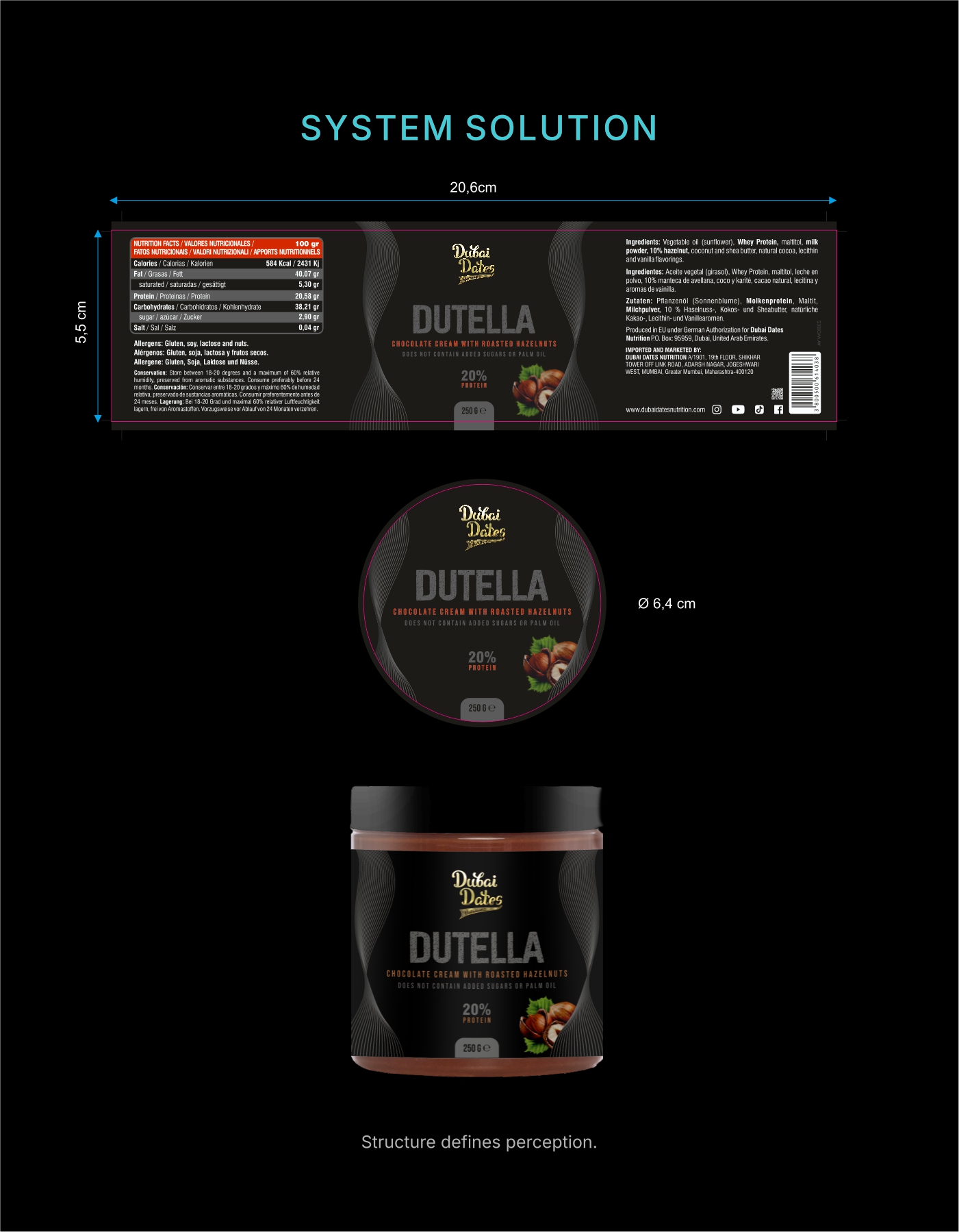 Final Dubai Dates Dutella packaging organised within the refined brand system.