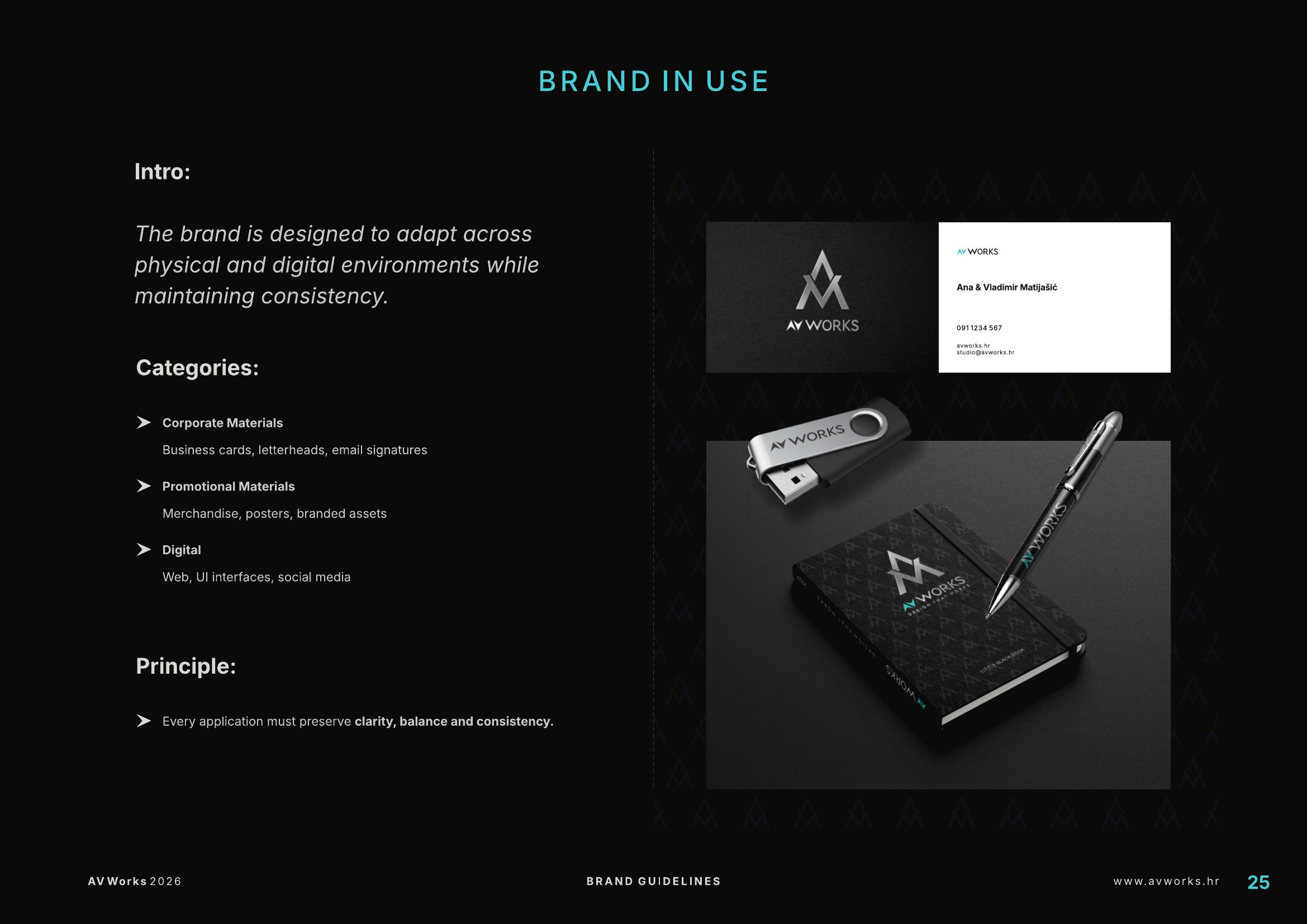 AV WORKS identity applied across corporate and branded materials.