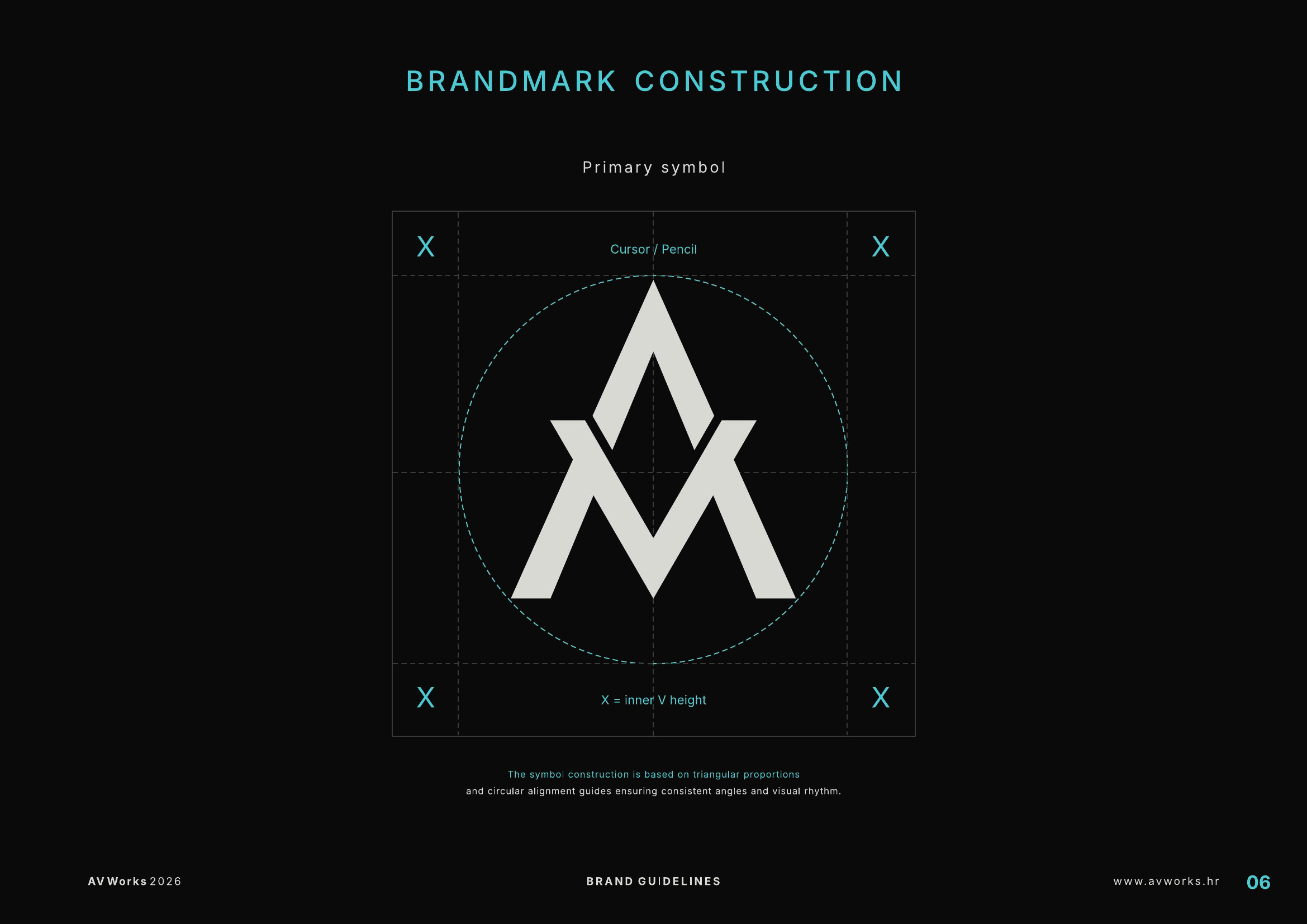 AV WORKS primary brandmark construction grid showing proportions and clear-space logic.